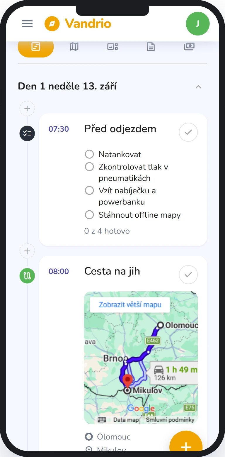 Časová osa výletu v mobilu